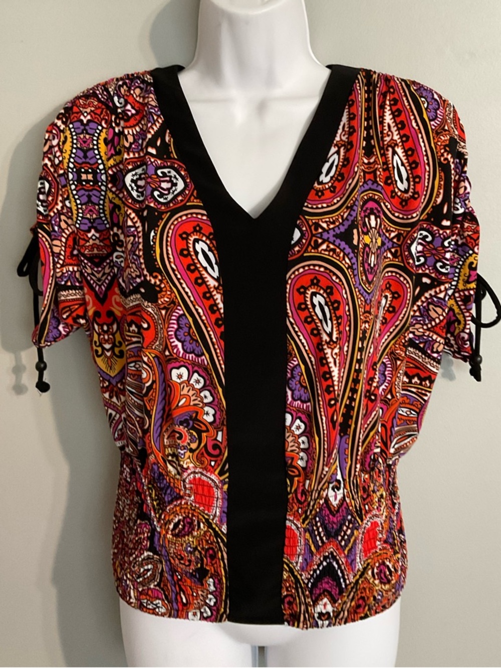 J.T.B. Paisley V-Neck Smocked Waist Blouse with Black Center Panel Size Medium
